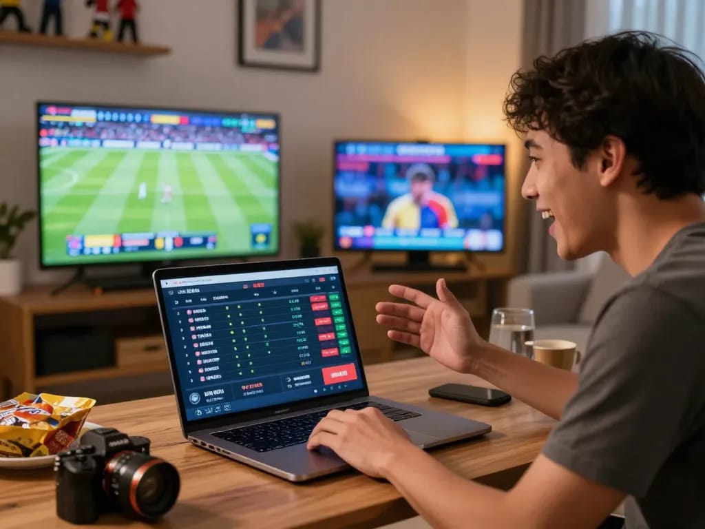 Suasana menarik dari penggemar judi bola yang memasang taruhan pada pertandingan langsung di rumah bersama teman-teman.