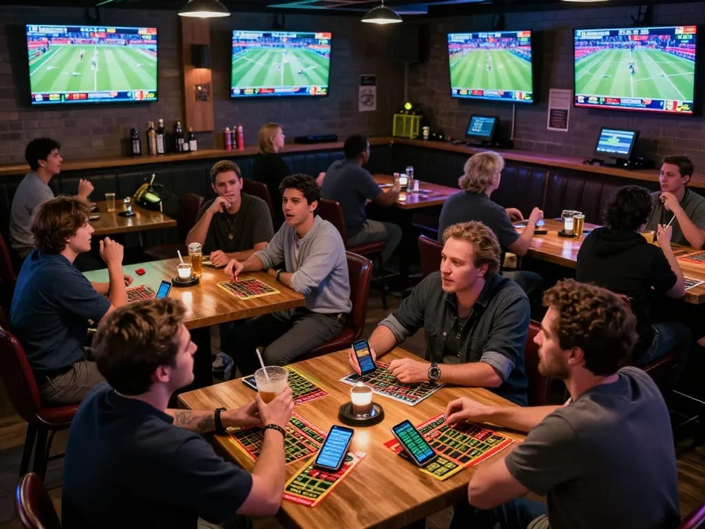 FC88 sports betting scene with patrons engaging in live game reactions in a lively bar