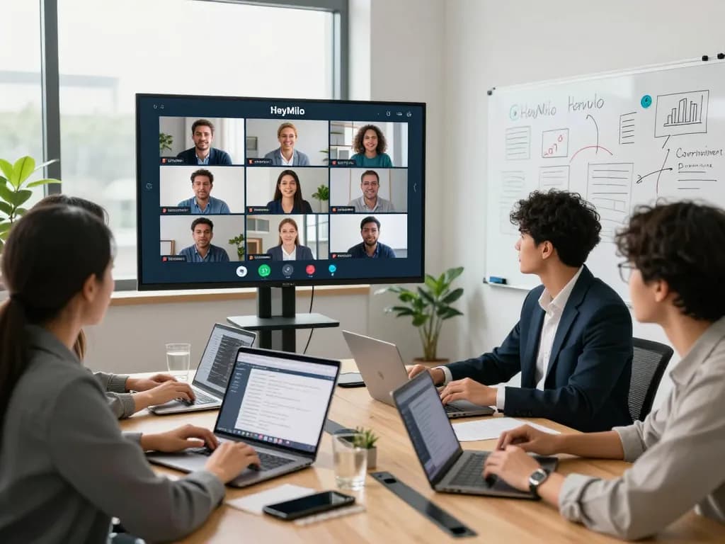 Dynamic team using HeyMilo voice interview platform for efficient candidate assessments in a modern office.