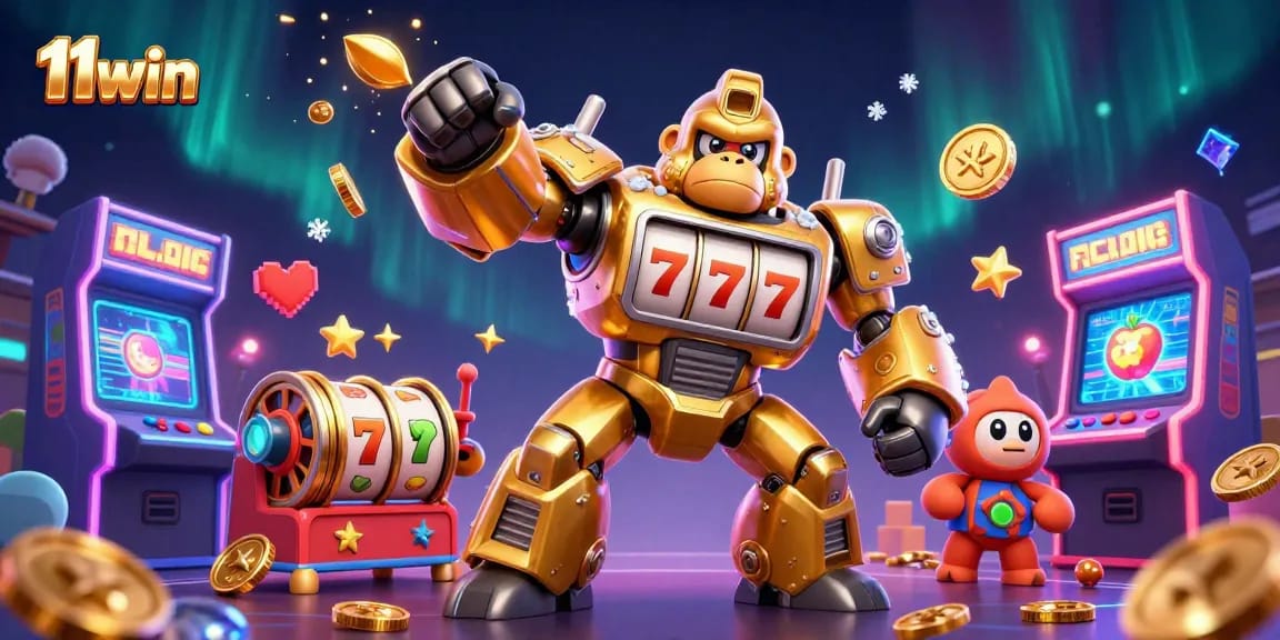 Experience thrilling wins with 11win's dynamic golden gorilla mech game scene filled with casino excitement.