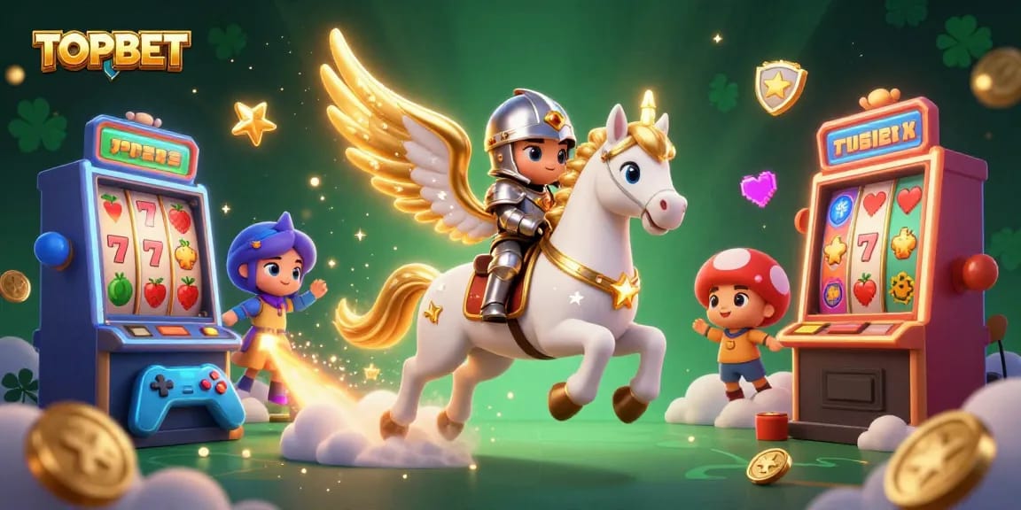 Join TOPBET for exciting slot gaming action with a magical knight and celestial horse in a vibrant casino setting.