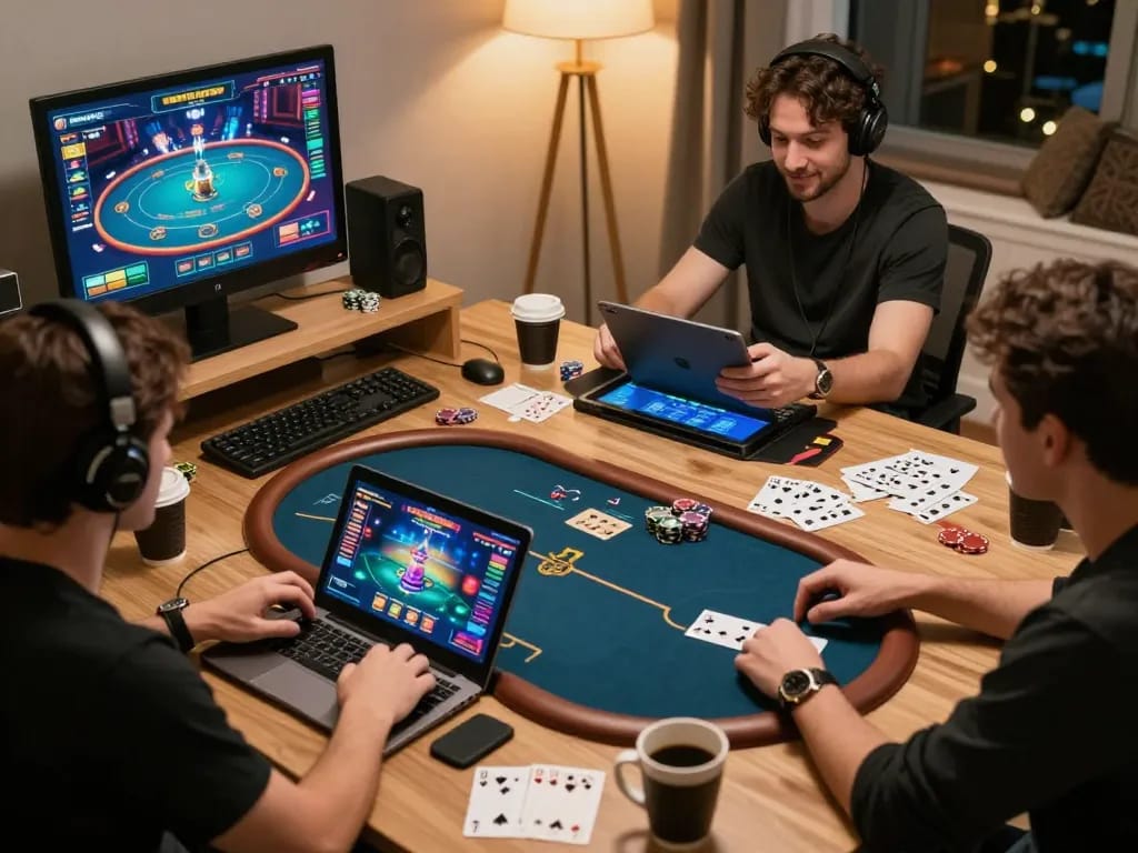 Players at home enjoying an online poker game on LV88 platform, showcasing strategic gameplay.