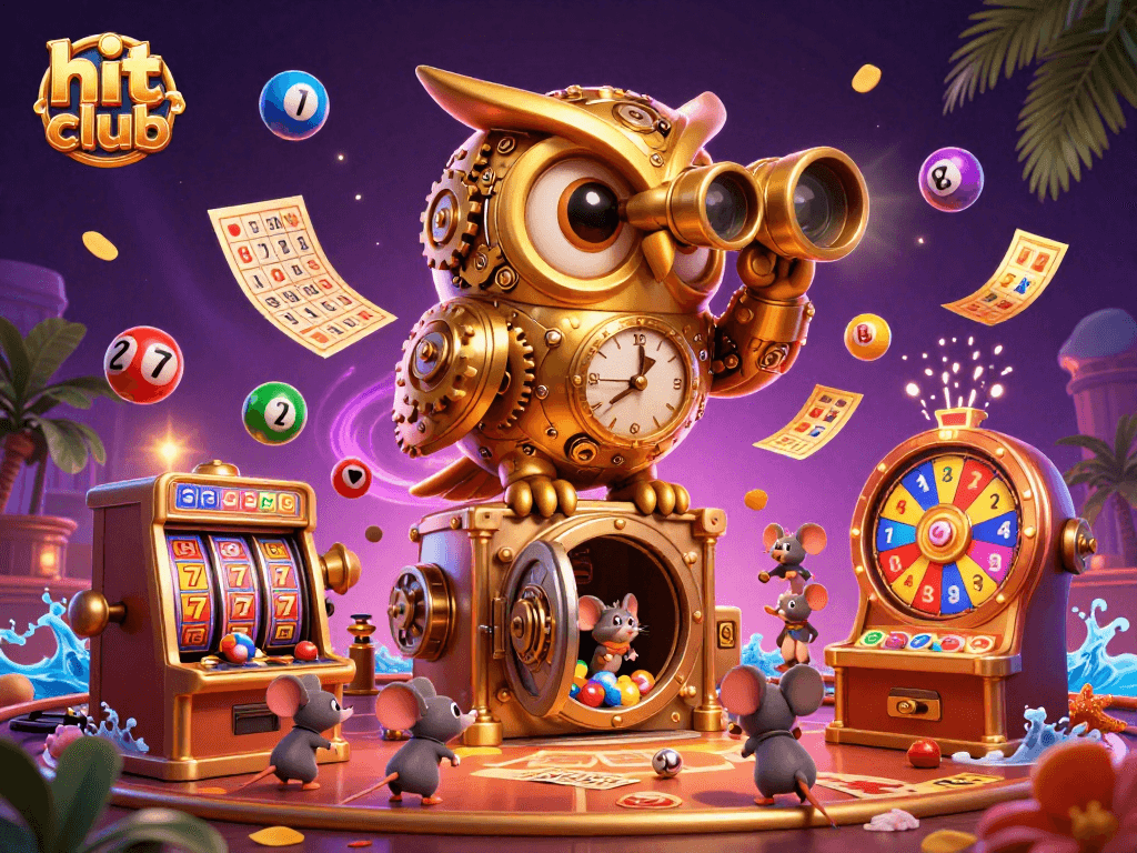 Engage with hit club action featuring a 3D golden owl and lively casino elements in a vibrant scene.