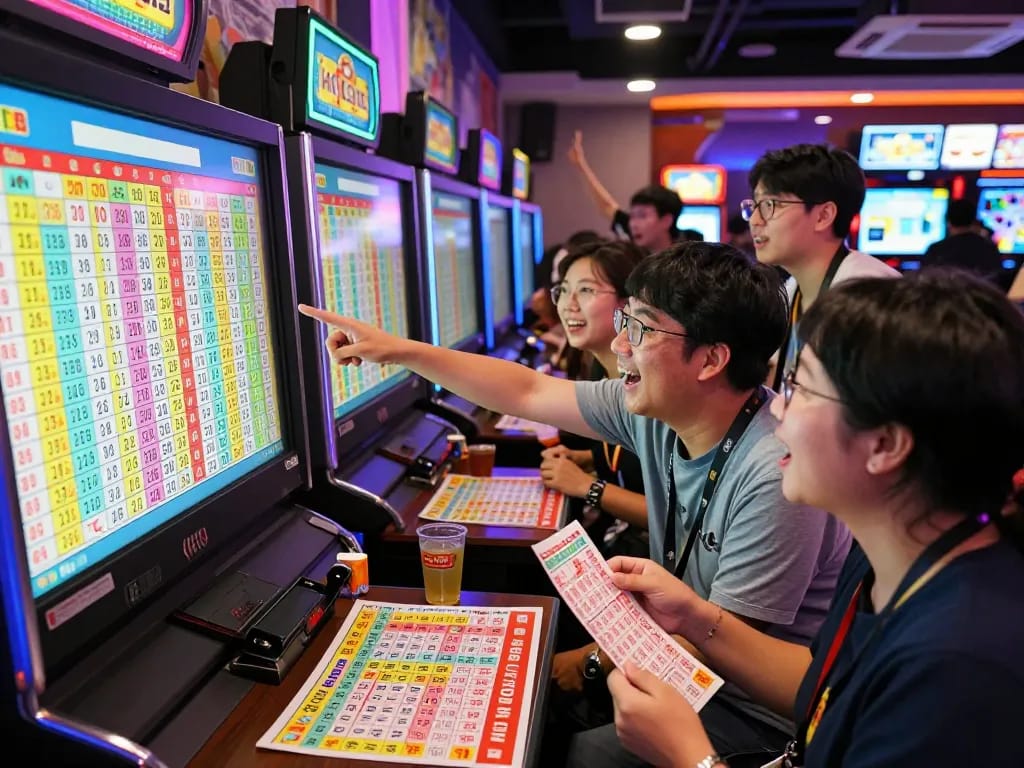 Grup yang bersemangat merayakan hasil HK Lotto di lounge permainan yang penuh warna.