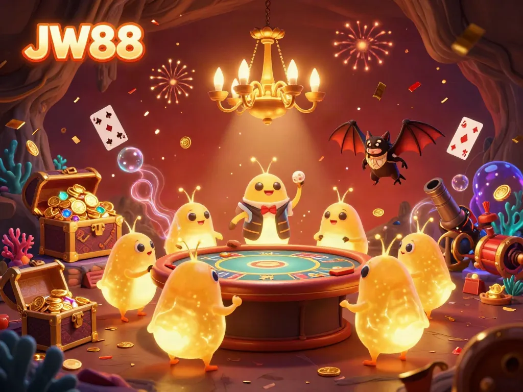 Experience the thrilling games at JW88, alive with bioluminescent glowworms in a vibrant casino scene.
