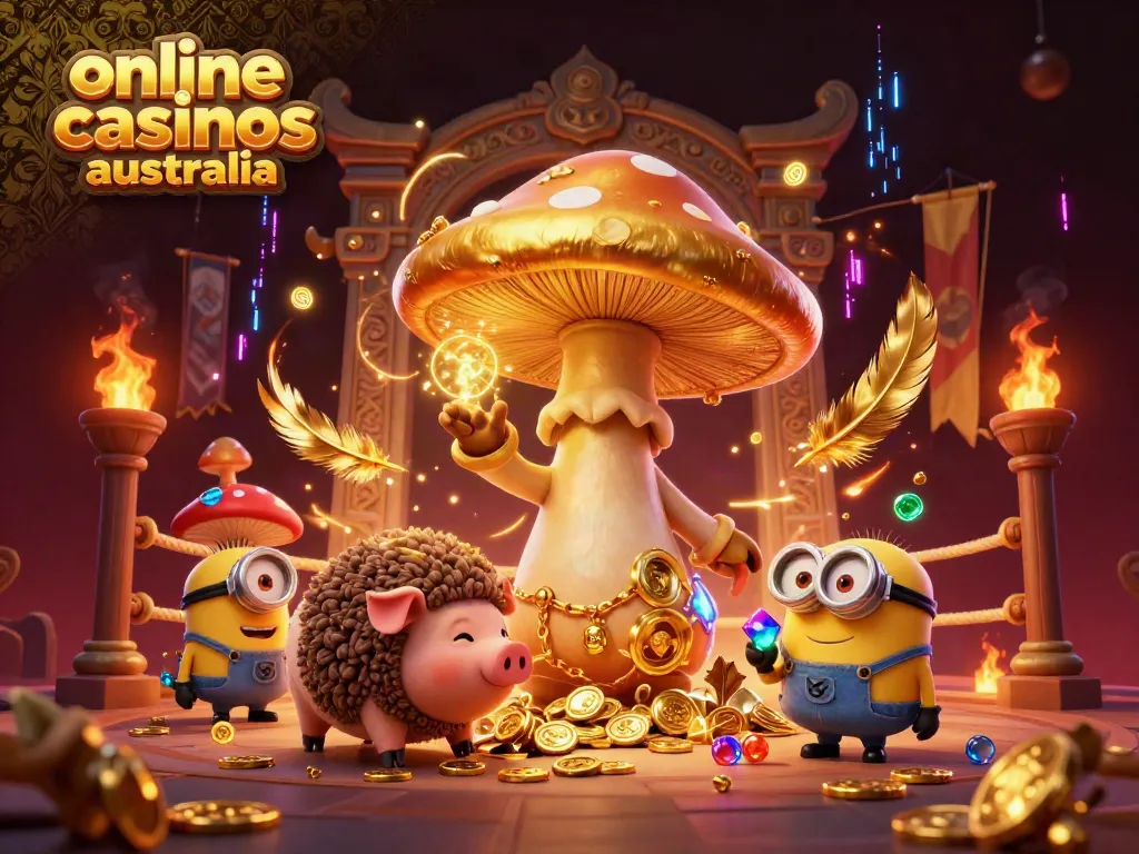 Engage with the magic of online casinos Australia featuring golden characters and vibrant game elements.