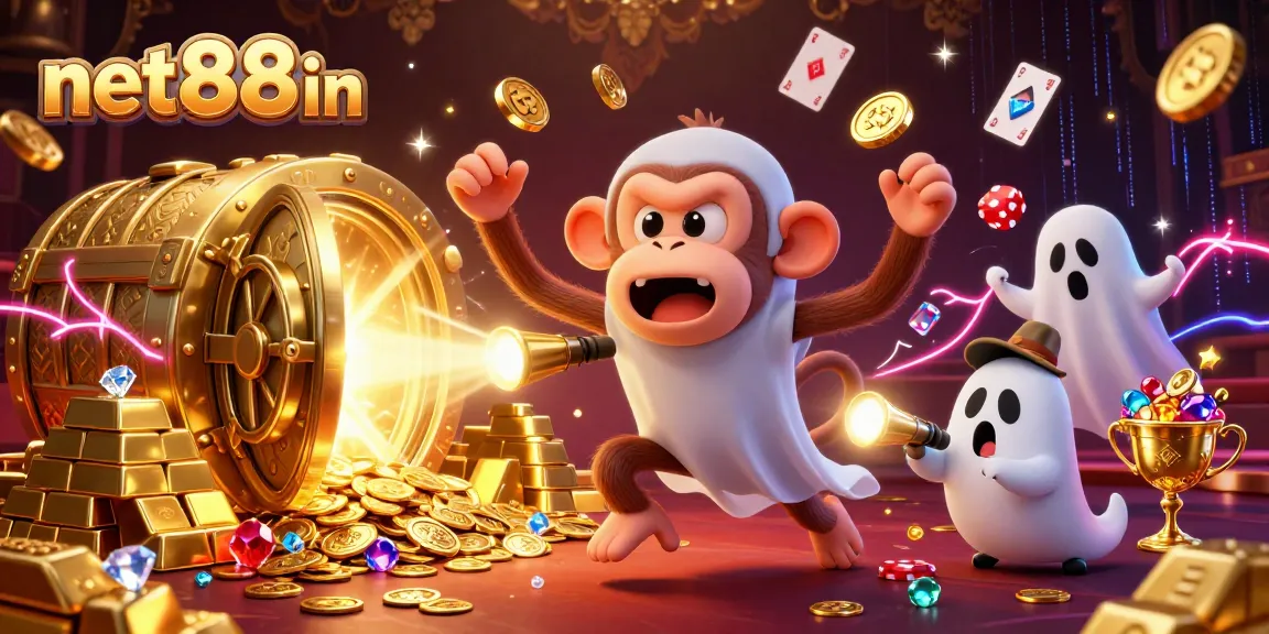 Join the lively scene at net88in's vibrant casino, with a juggler monkey and a curious puppy.