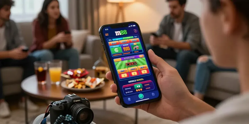 Engaged user exploring m88 link mobile platform on smartphone in cozy living room