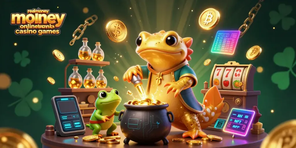 Engage in real money online casino games with vibrant illustrations of a golden salamander alchemist and a frog apprentice.