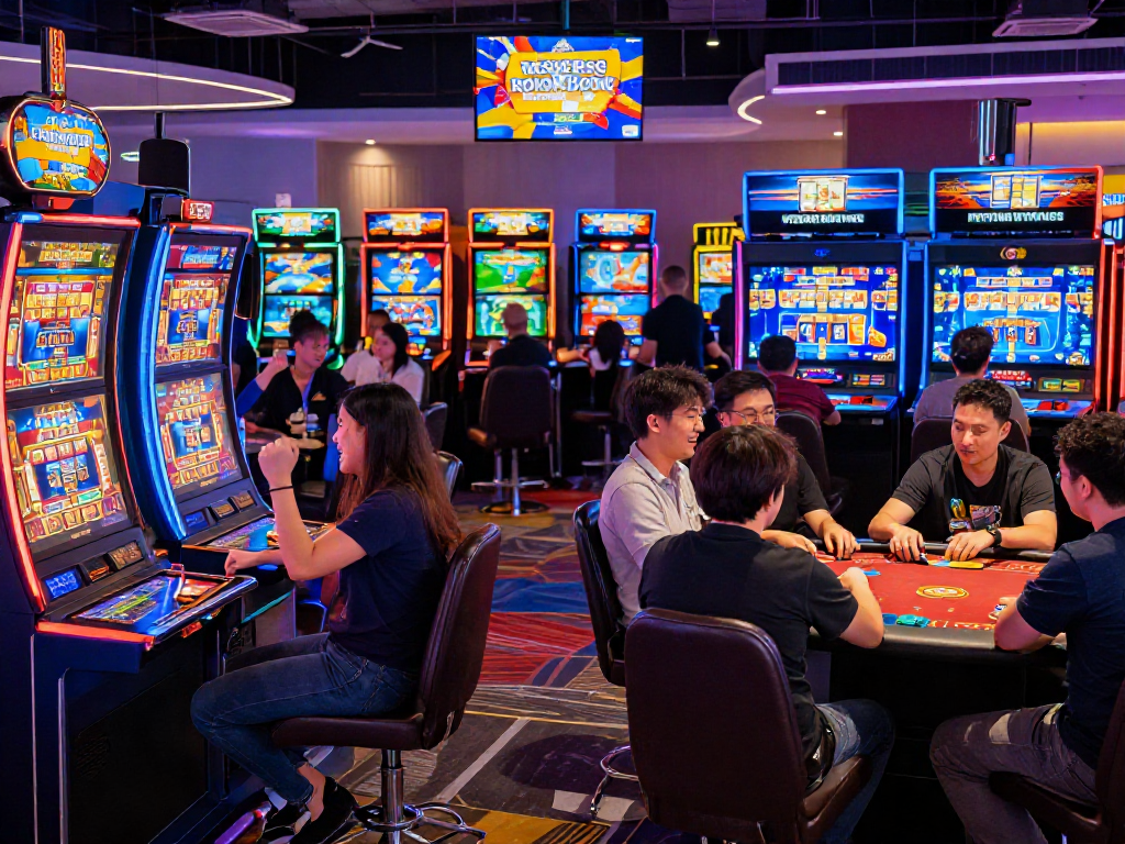 Exciting casino gaming scene featuring players enjoying rokok88 slots and poker games in a vibrant atmosphere.