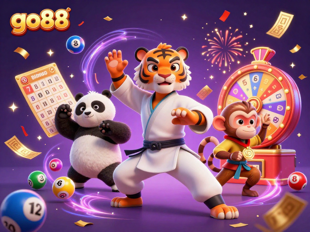 Engage with go88's vibrant lottery atmosphere featuring a kung fu tiger master, panda disciple, and a monkey stealing a golden medal.