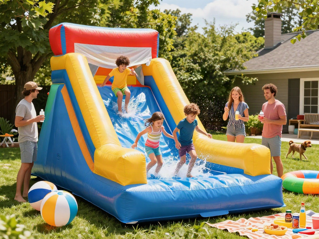 Kids enjoying inflatable water slides water in a sunny backyard, laughter and splashes creating a joyful summer atmosphere.
