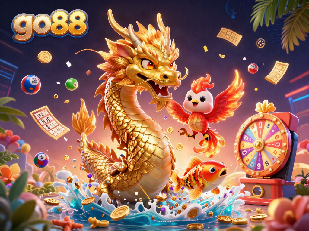 Engage exciting gameplay with go88, featuring a dynamic scene of a dragon, phoenix, and koi in a vibrant casino atmosphere.