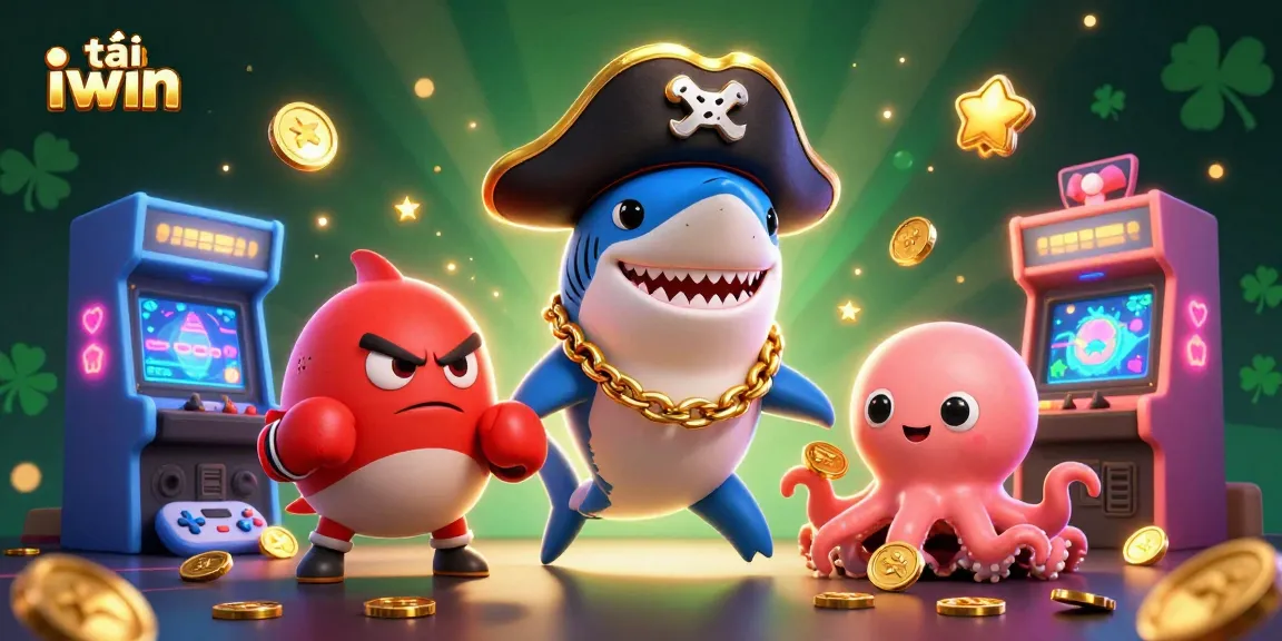 Experience the thrill of tải iwin with a vibrant cartoon scene featuring a pirate shark and colorful gaming elements.