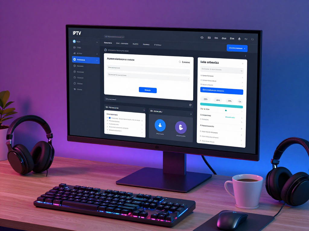 "Iptv reseller control panel interface displayed on a modern workspace monitor with software development tools."