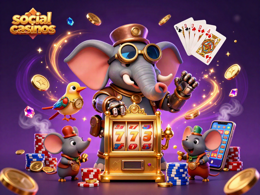 Engage with social casinos alongside a steampunk elephant engineer in a dynamic 3D illustration scene.