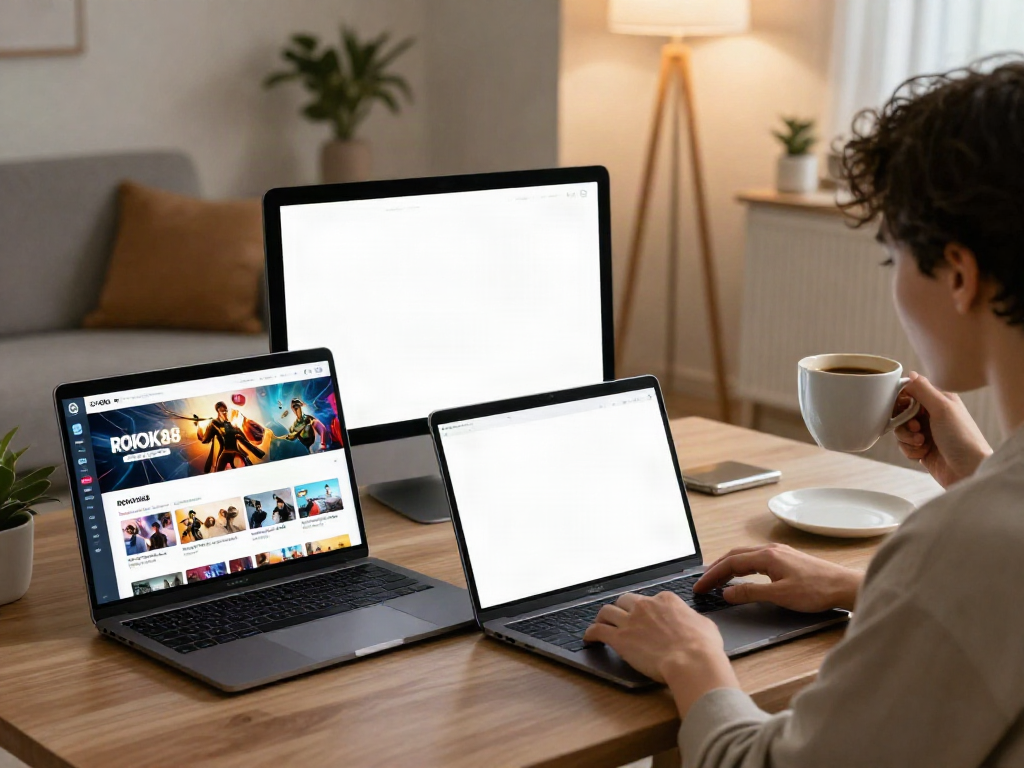 User engaging with ROKOK88's digital entertainment interface on smartphone and laptop in a cozy living room.