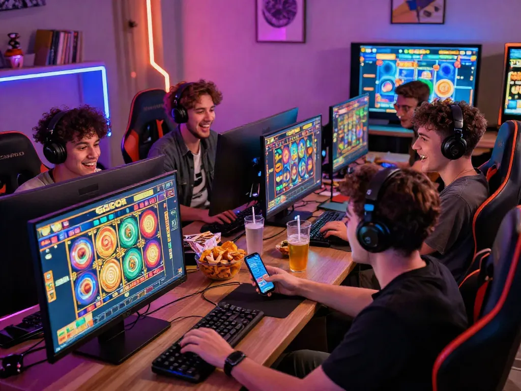 Exciting players enjoying situs slot games on various devices in a vibrant gaming atmosphere.