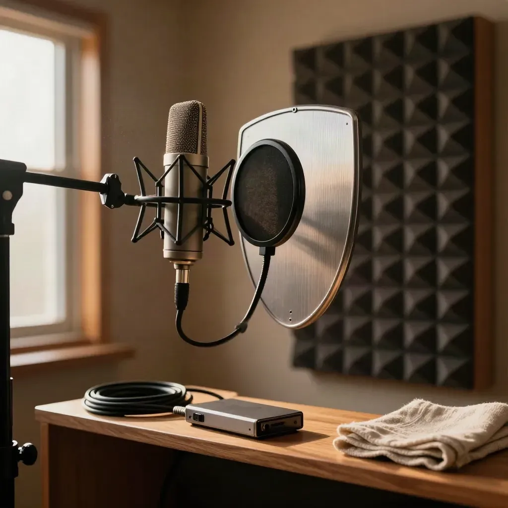 Mic, shield, acoustic foam and export drive in a warm vocal booth