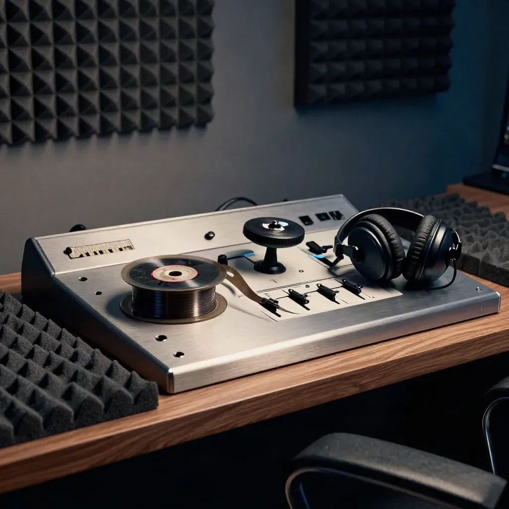 Tape deck with magnetic spool and headphones on acoustic foam in a studio editing bay.