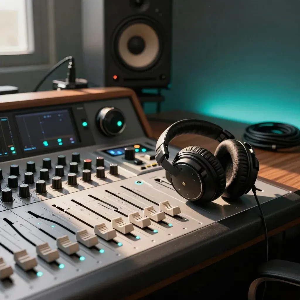 Podcast mixing setup with console, headphones, monitors, mic, and backup drives in warm window light.