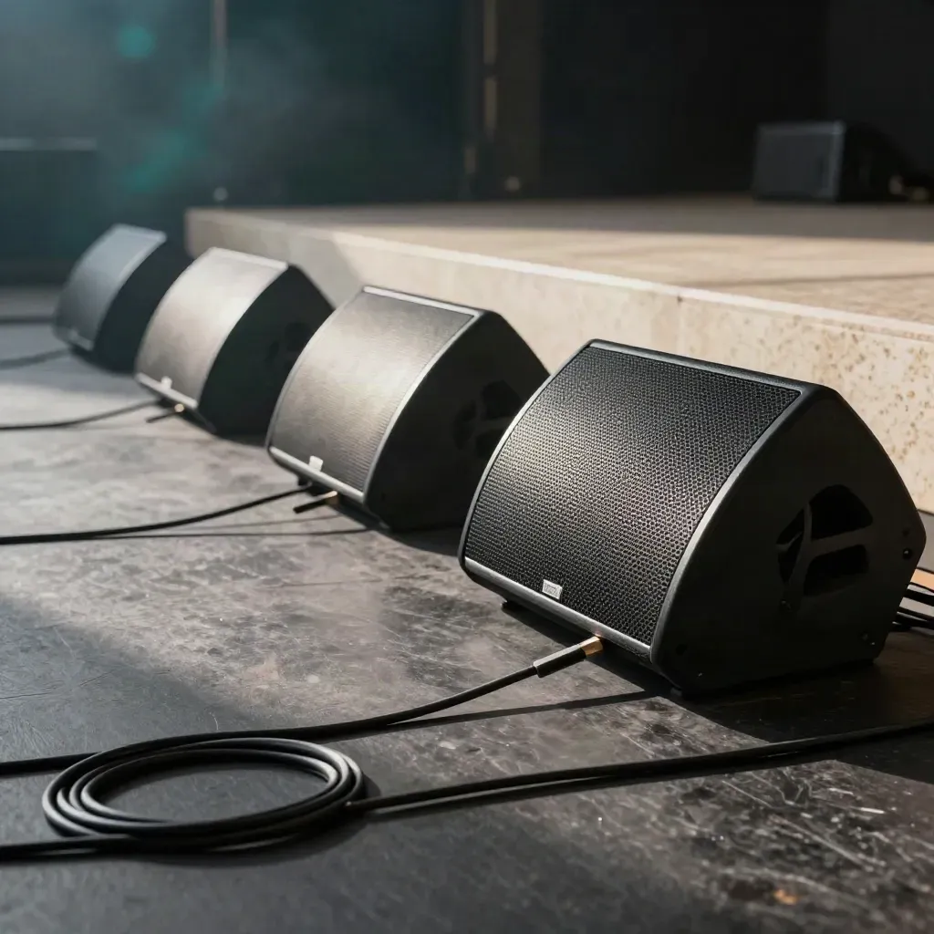 Floor-level view of PA speakers, wedges, and cables settling into place for live sound setup.