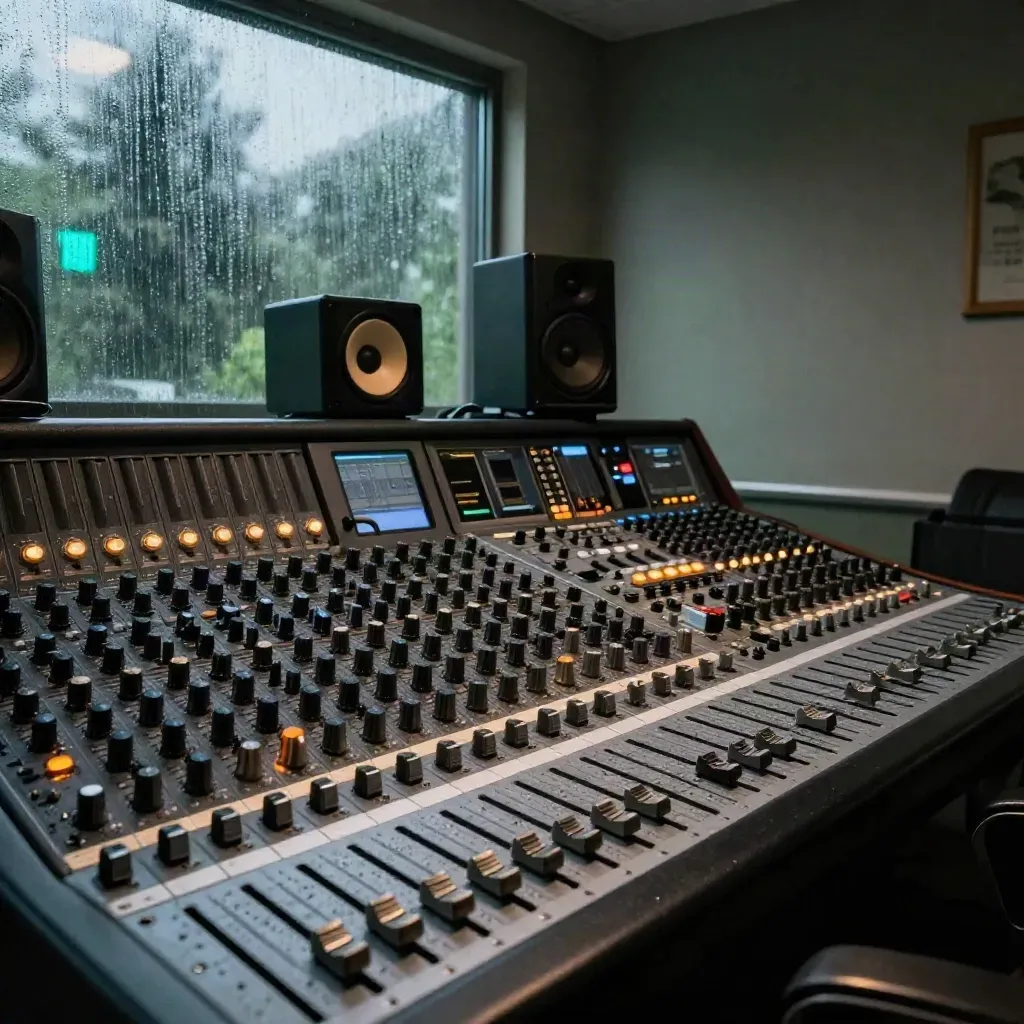 Empty mixing suite with rain-hazed glass, cyan-lit rack gear and a console in dramatic light.