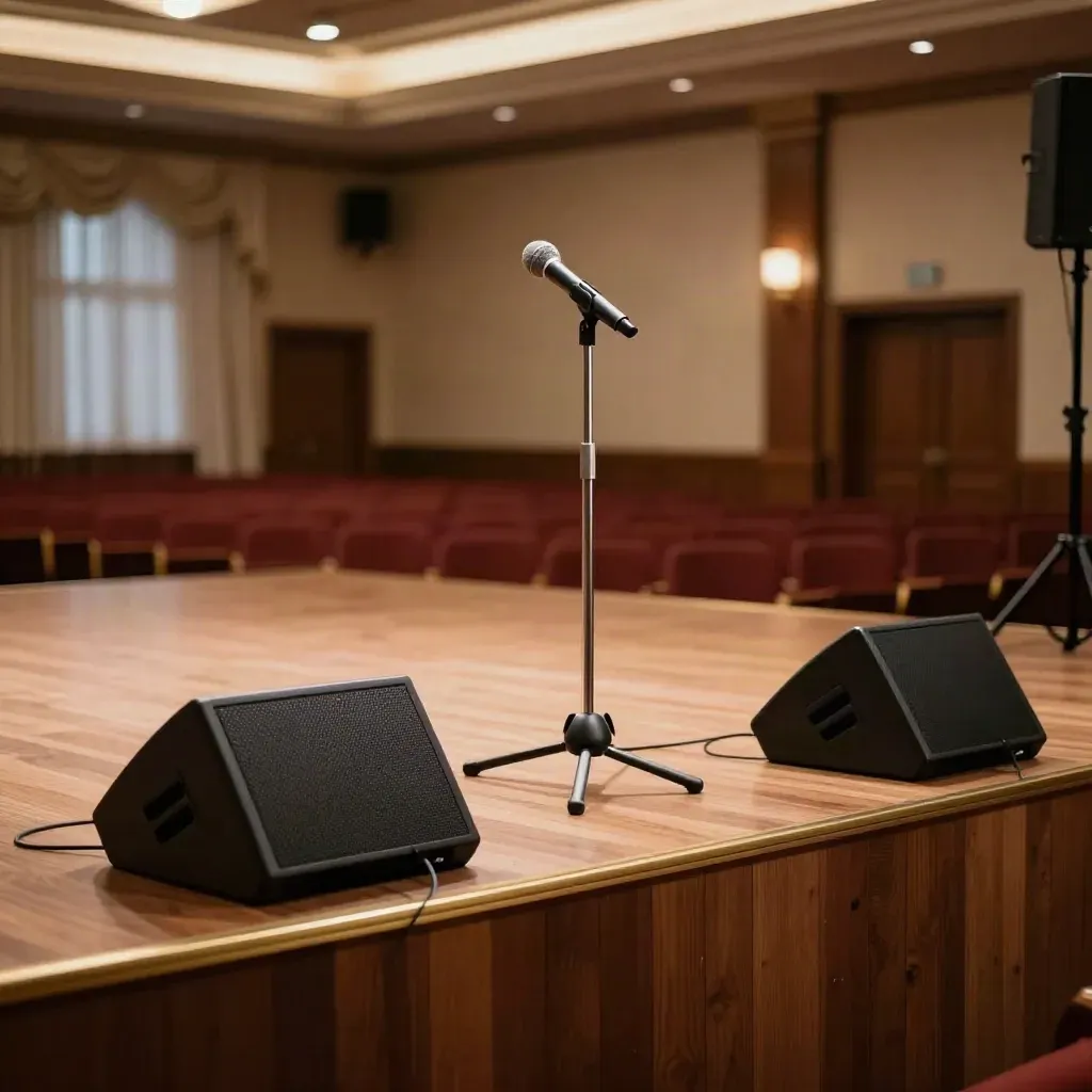 Empty ballroom stage with wedge monitors, mic stand, and taped cables in warm haze