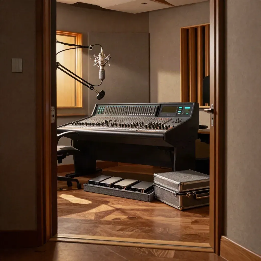 Empty podcast control room with mic chain, booth window, and episode drives ready for delivery.
