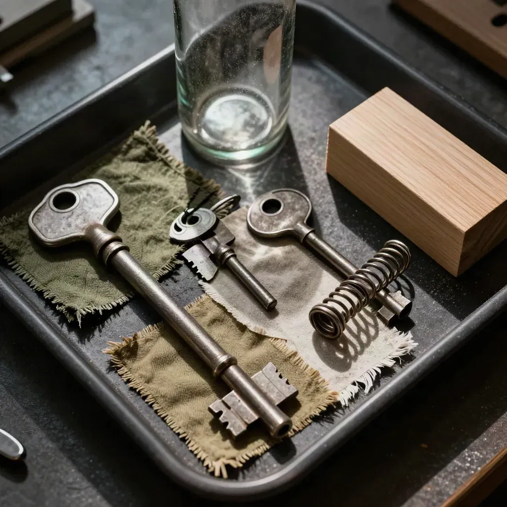 Overhead Foley tray of keys, bottle, wood block, fabric swatches and spring coil in moody light