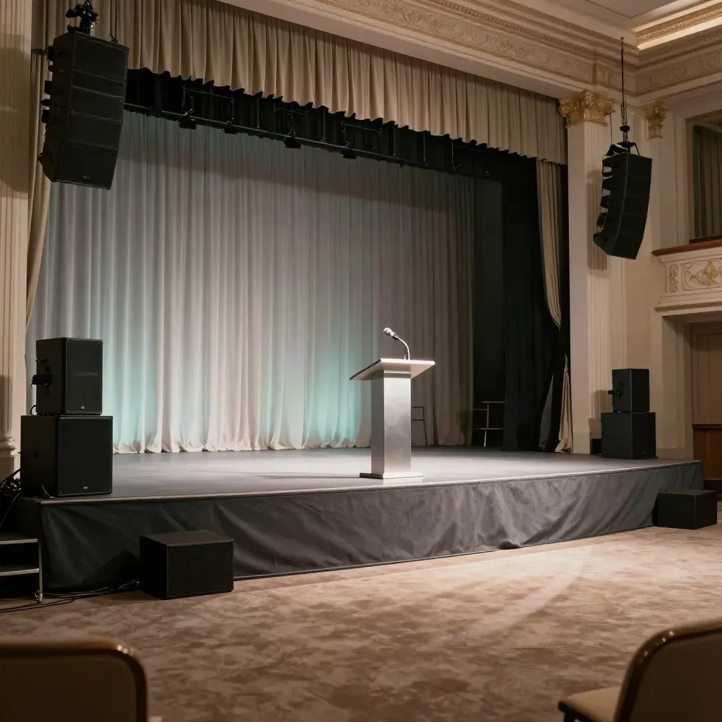 Empty ballroom stage with speaker arrays, sub stacks, and lectern mic ring in cinematic haze.