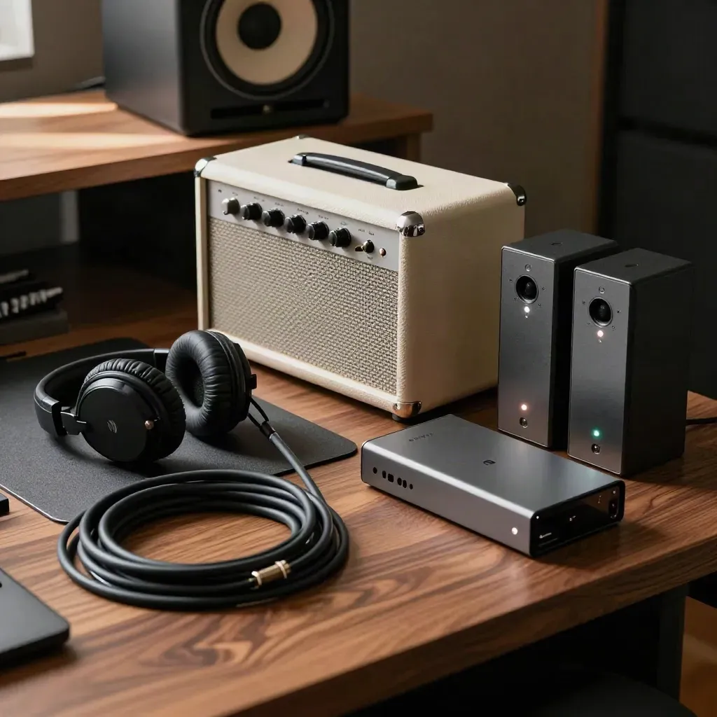 Finished audio master beside amp, headphones, cable, and export drives in a studio corner.