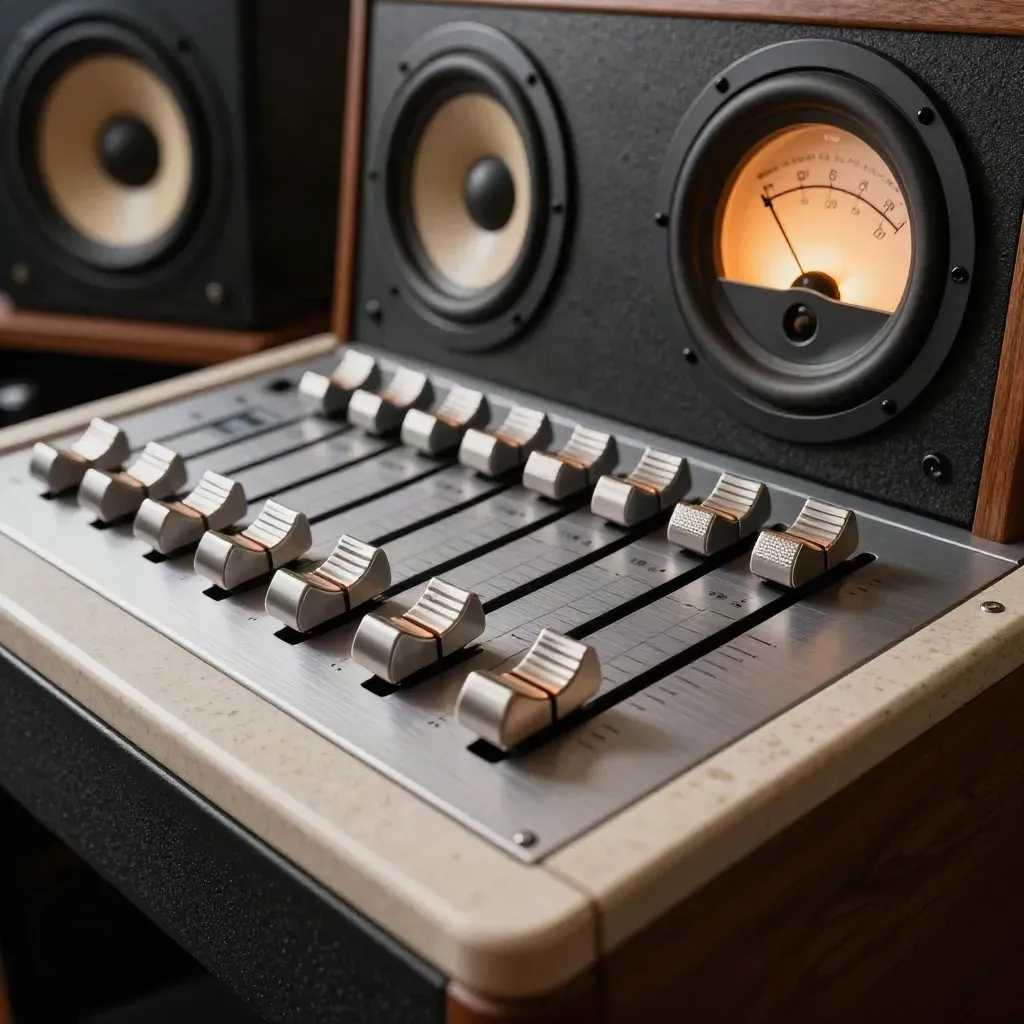 Macro view of mixer faders, speaker cones, and a rising VU meter in a studio control room.