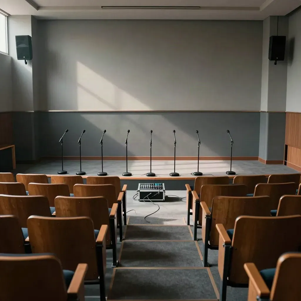 Empty lecture hall with eight microphones, speaker columns, and a mixer case set for a campus panel.