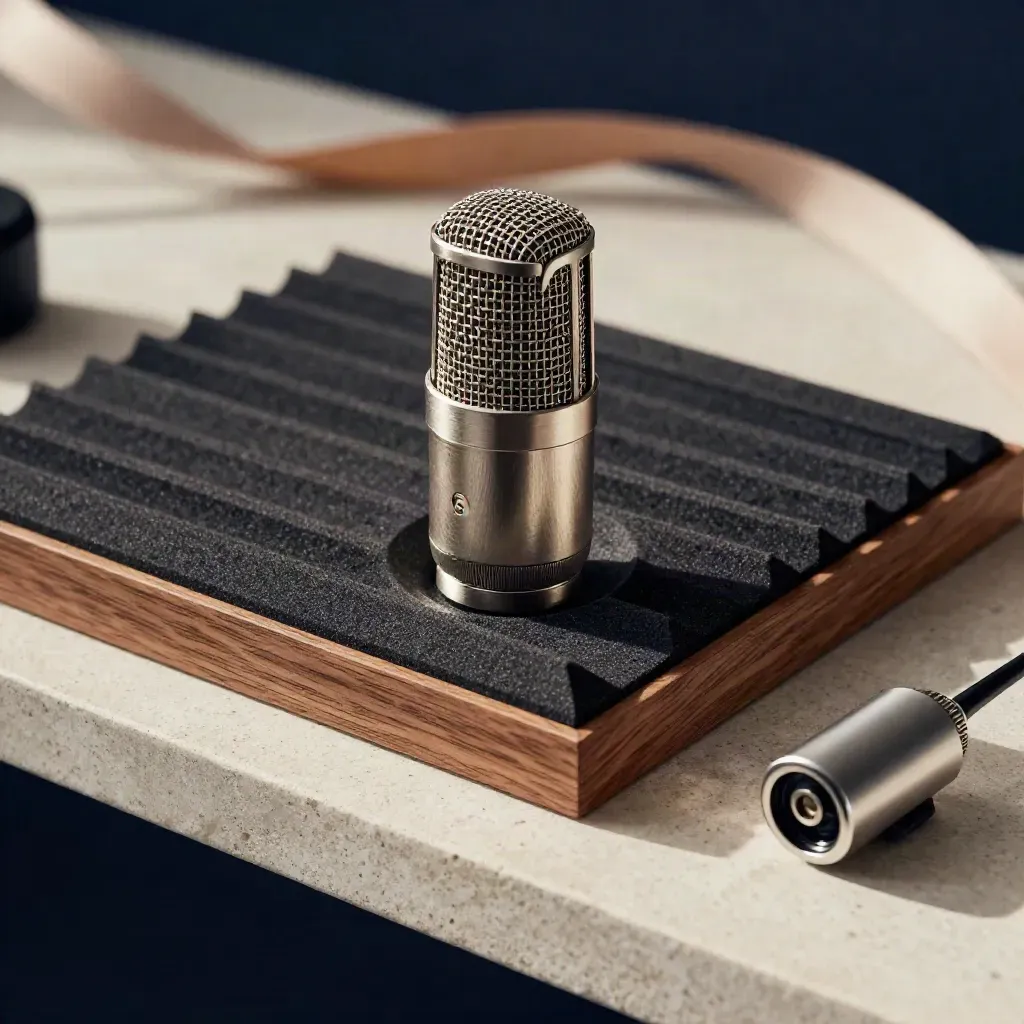 Close-up of a condenser mic capsule, acoustic tile and master drive in warm studio light.