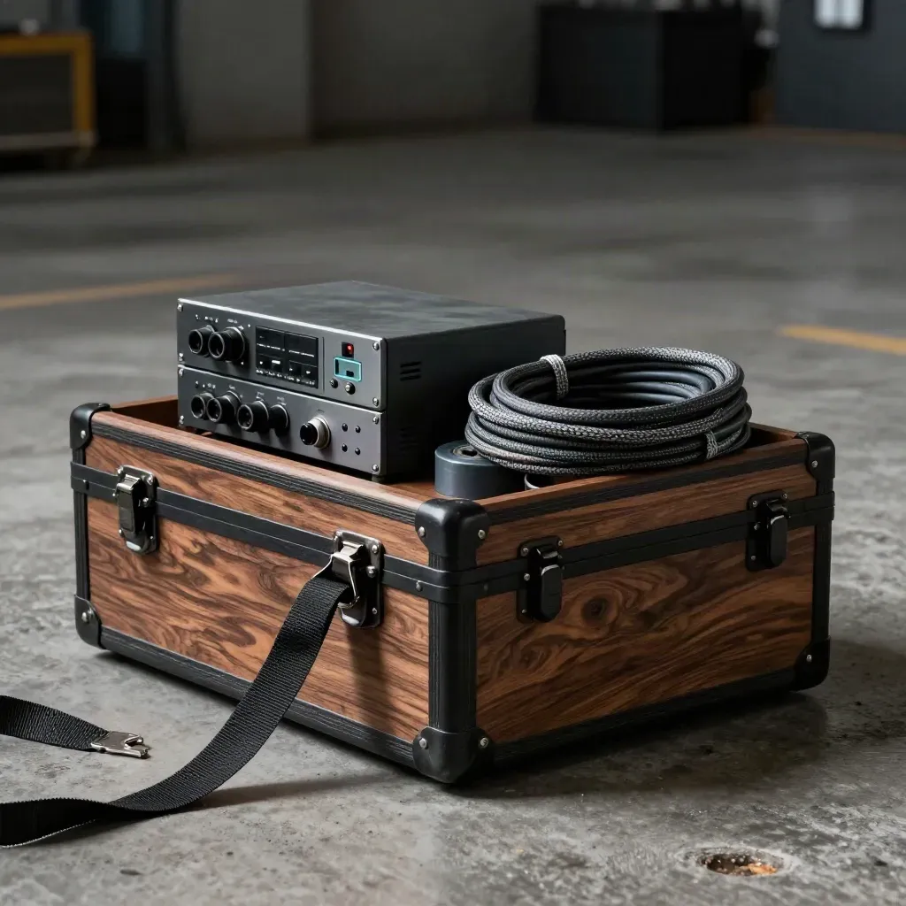 Low-angle still life of a road case, wireless receiver rack, XLR trunk, and cable snake in a dusty bay