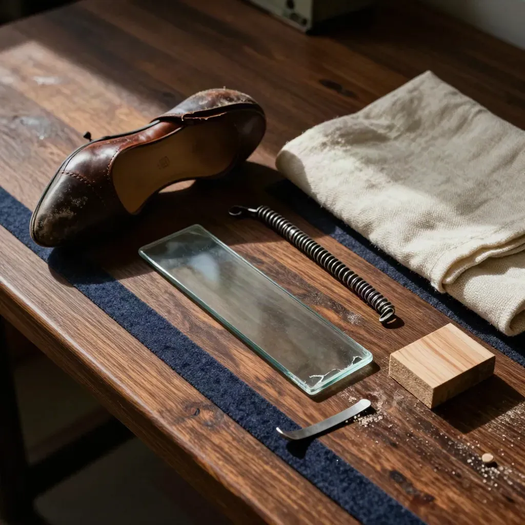 Overhead macro of Foley props on a dusted walnut bench: leather, glass, spring steel, wool, and navy felt.
