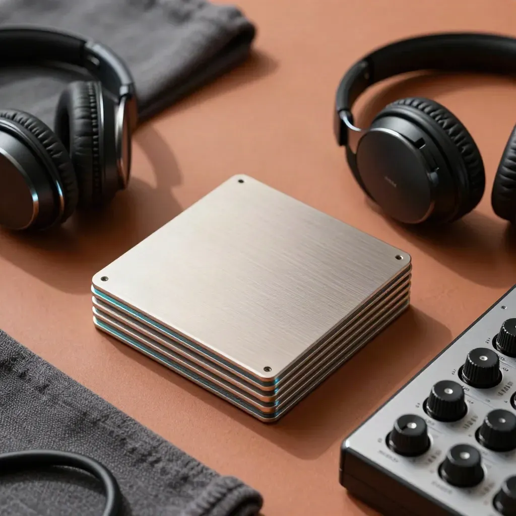 Top-down of SSDs, headphones, and a shuttle controller on terracotta clay.