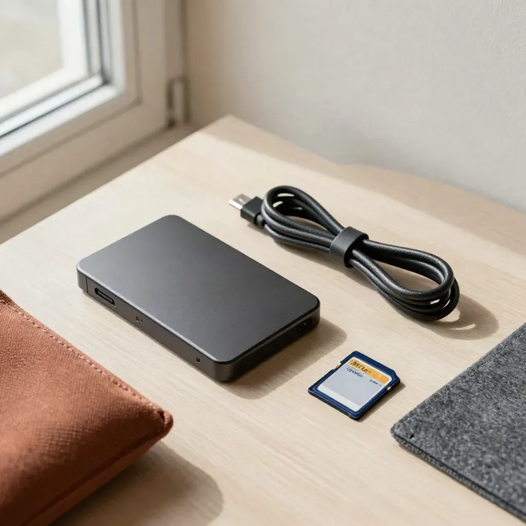 Top-down upload kit with SSD, USB-C cable, SD card and pouch on pale wood.