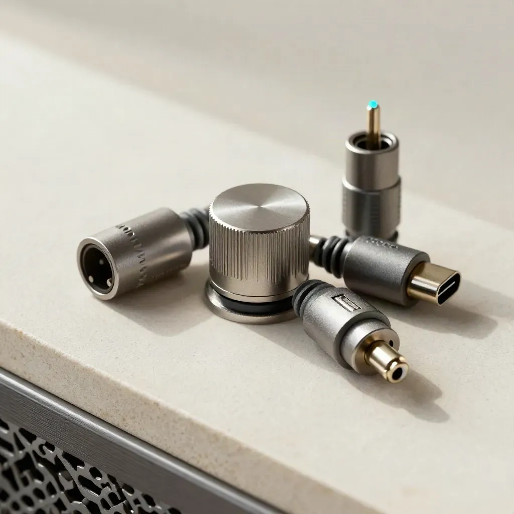 Audio adapters and a selector knob on pale plaster with a subtle cyan accent.