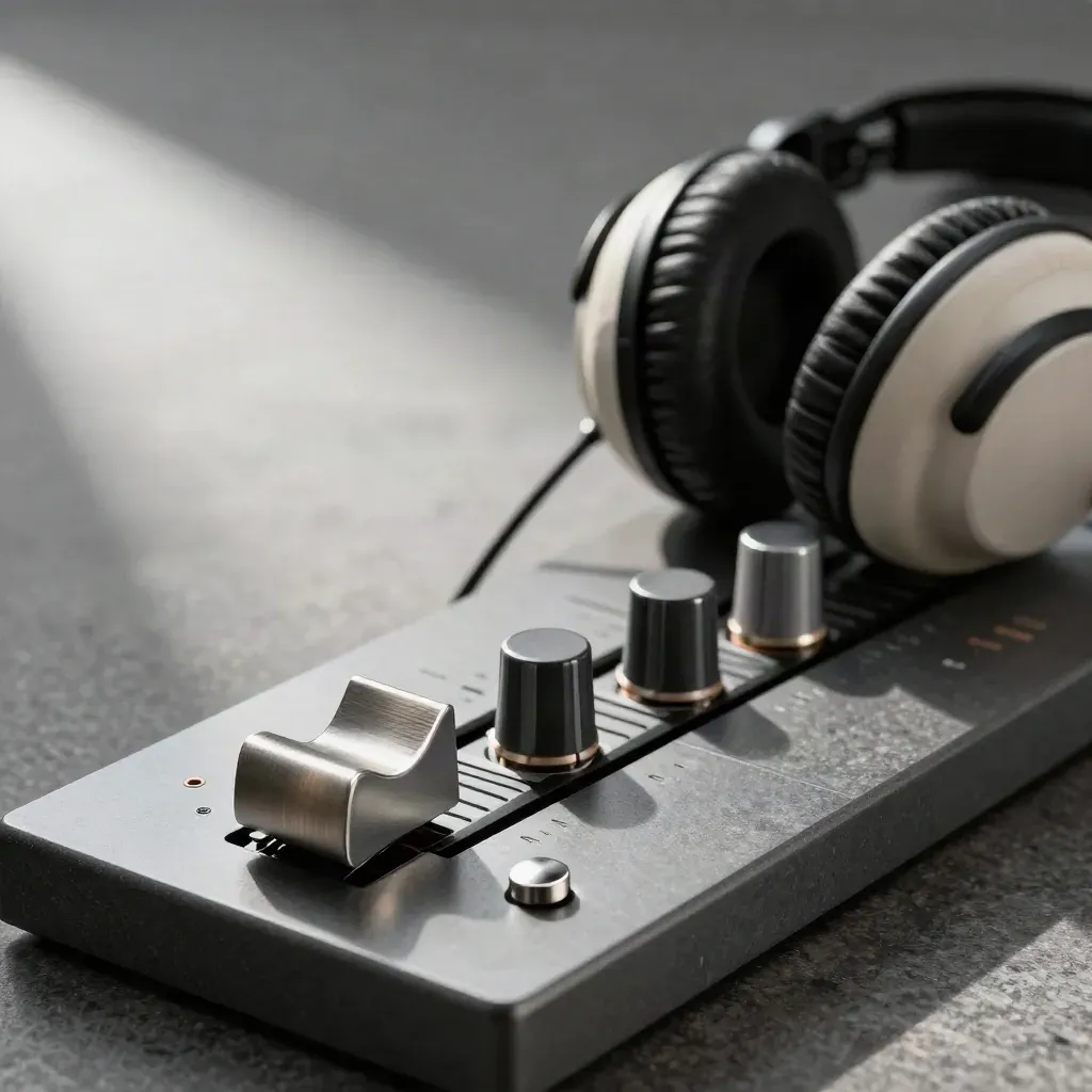 Precision audio edit tools on stone: shuttle wheel, fader caps, headphones, and a cut marker.