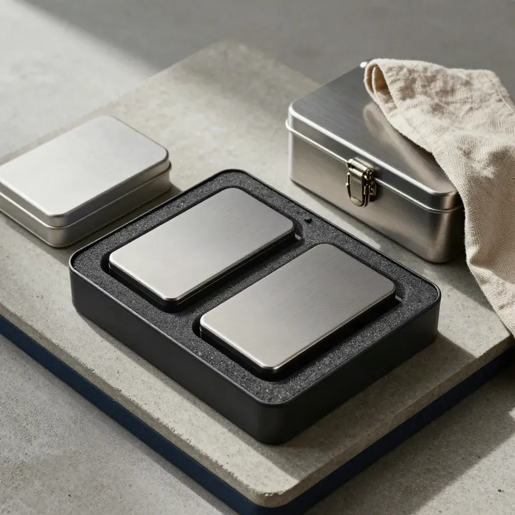Two export drives in a foam case beside a lockable backup tin on stone
