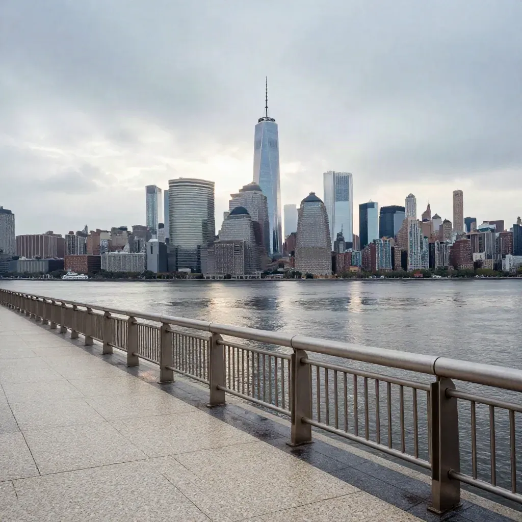 Jersey City overlook toward Lower Manhattan skyline over misty Hudson at blue hour