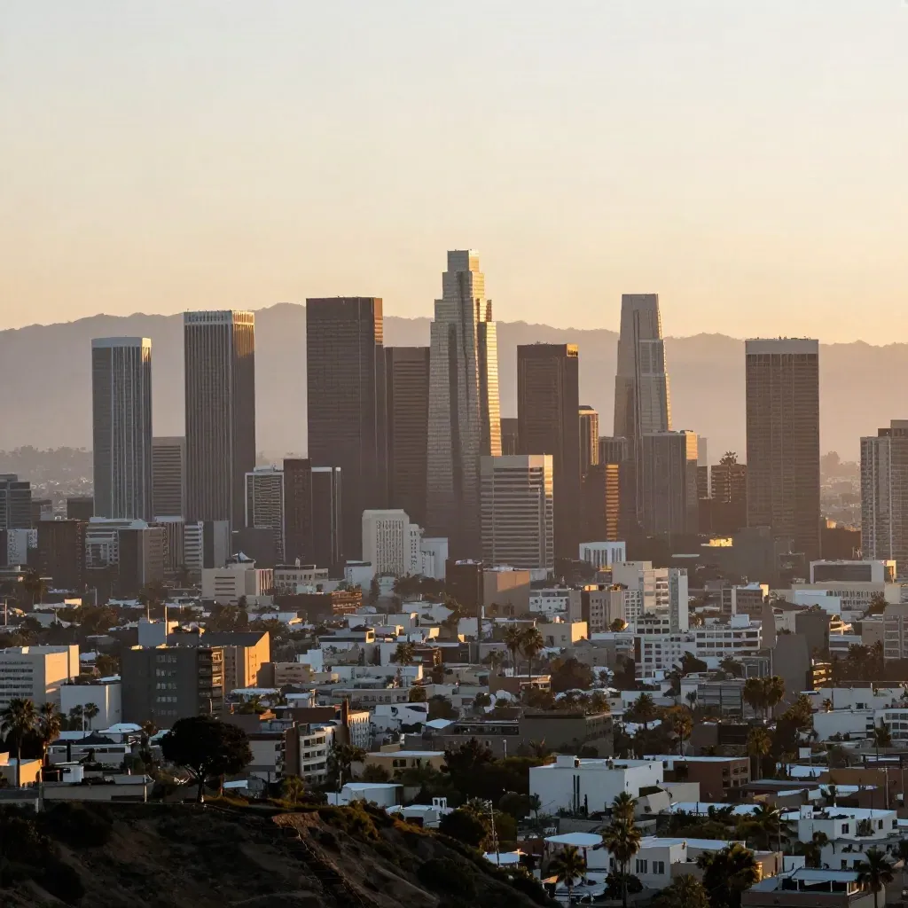 Los Angeles skyline at sunset with hazy mountains and calm city basin