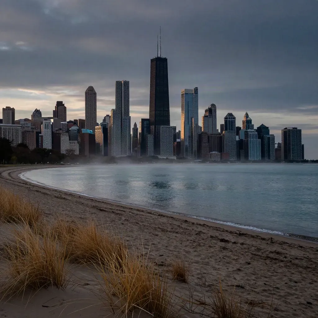 Chicago skyline over Lake Michigan at dusk, misty waterline and calm shoreline for copy.