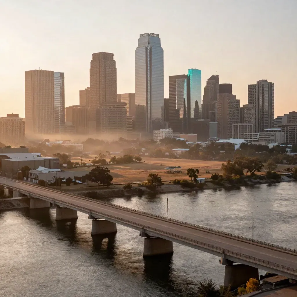 Dallas skyline at sunrise over a hazy Trinity River overlook with concrete spans and calm foreground.