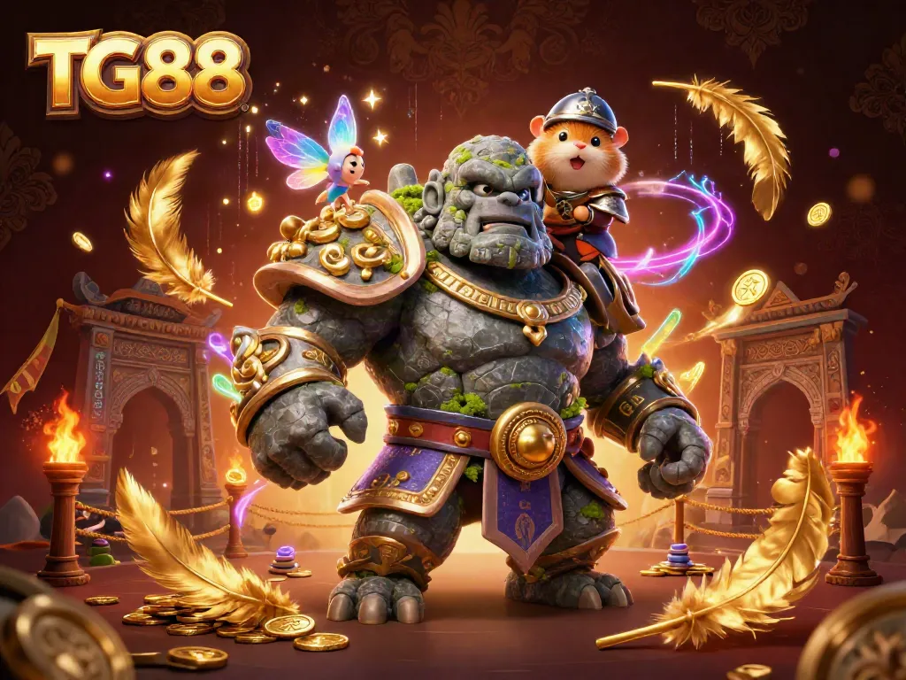 Experience the thrilling universe of TG88 with a dynamic 3D golem guardian, fairy magic, and gaming elements.