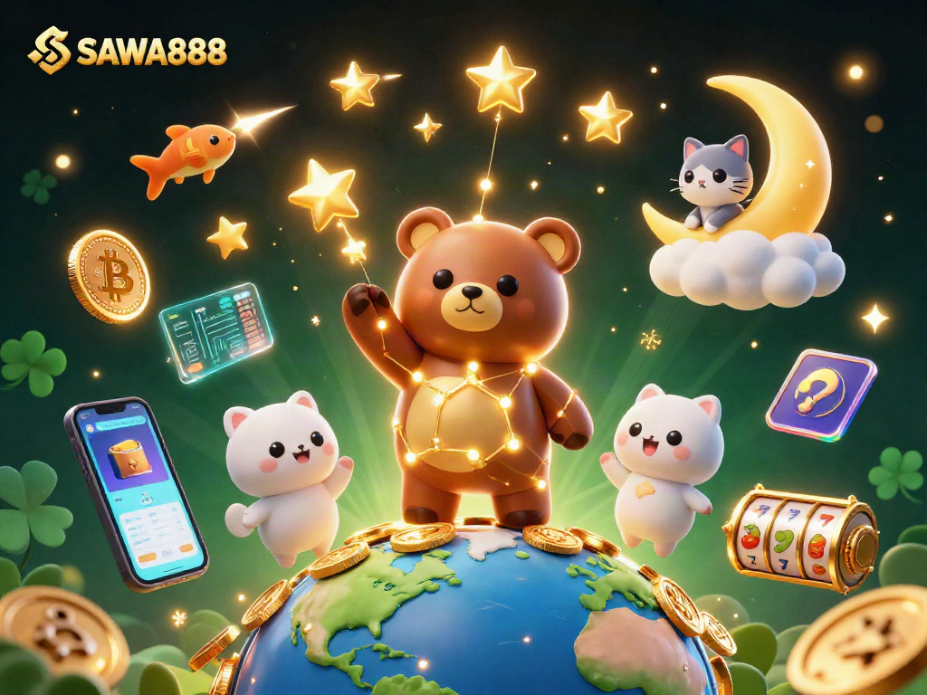 Engage with SAWA888 in a vibrant animated casino scene filled with coins and slot reels.