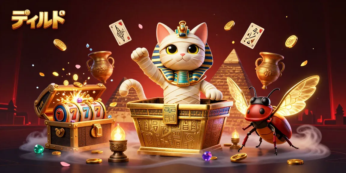 Experience the thrill of ディルド gaming with this dynamic, immersive casino-themed illustration featuring a mummy cat character.