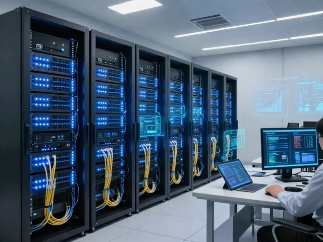 Host configuration review in a modern data center with illuminated servers and advanced tech setups.